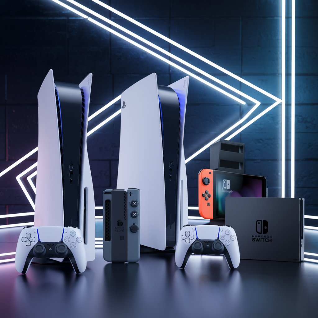 "Premium gaming collection featuring Sony PlayStation 5 consoles, Nintendo Switch devices, and PS5 controllers. High-quality gaming gear for an immersive experience.