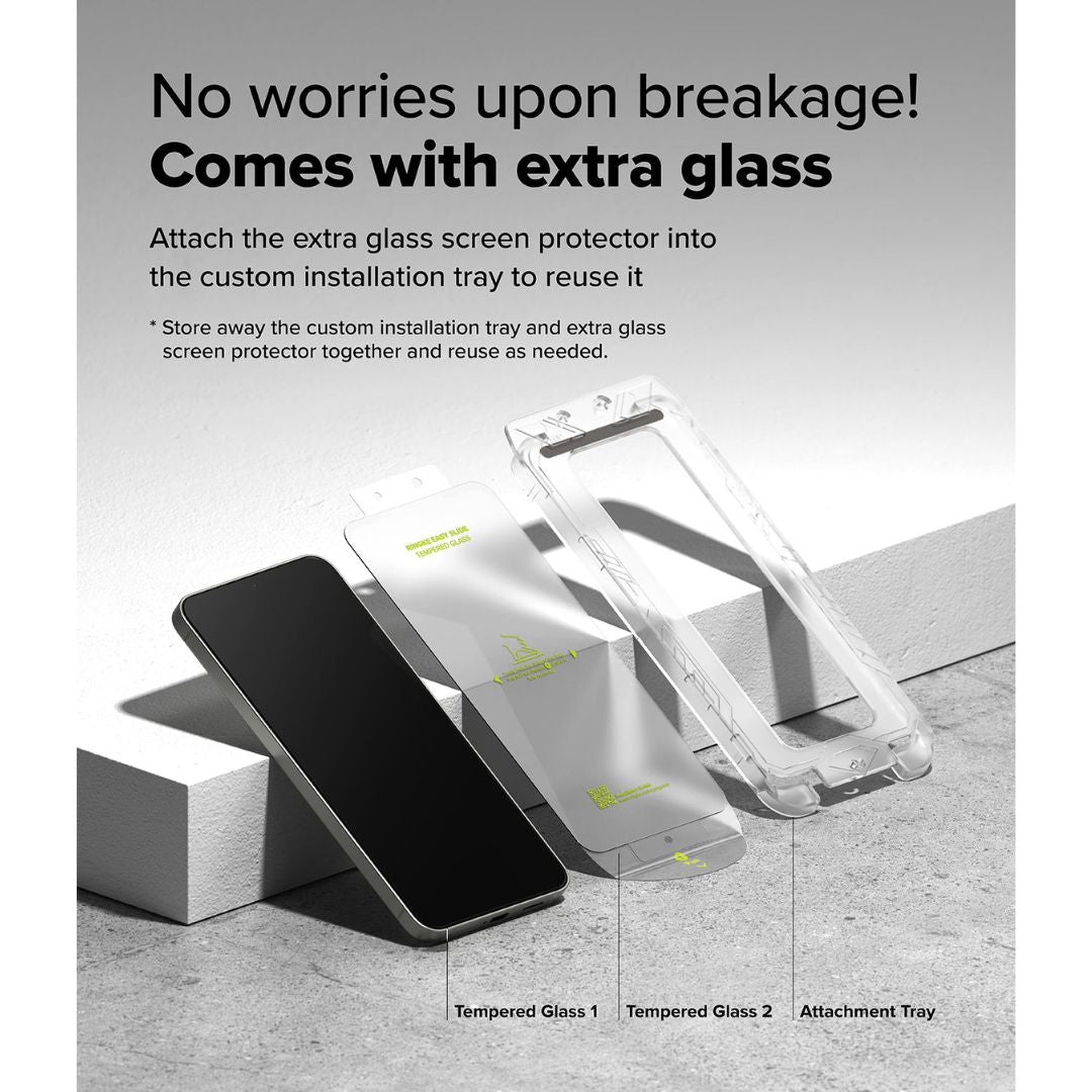 Complete Ringke Easy Slide Tempered Glass packaging with included accessories