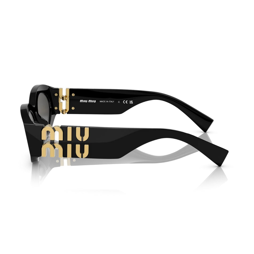 Side View: Miu Miu MU 11WS 1AB5S0 Sunglasses – Oval Shape, Black Acetate, Gold Miu Miu Branding