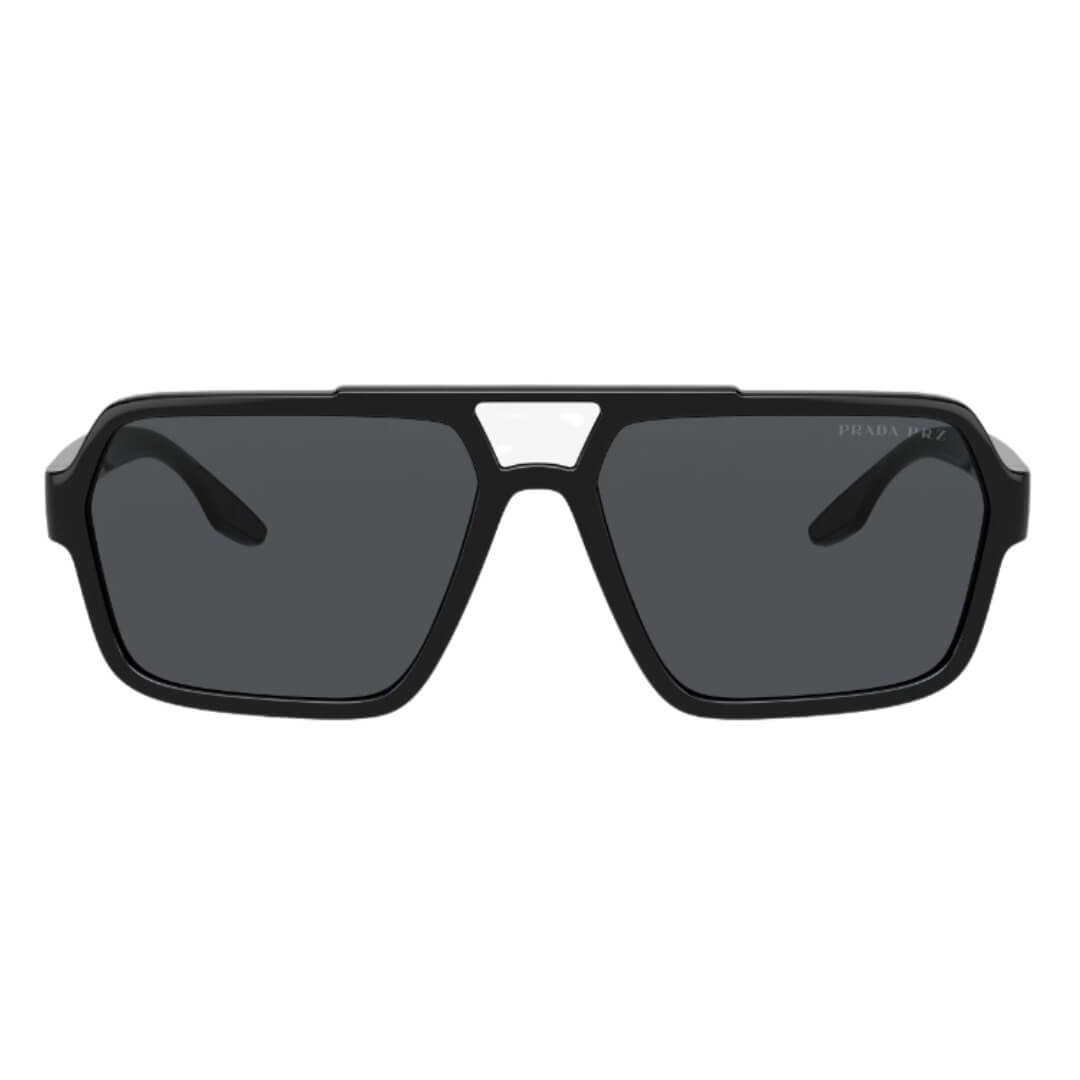 Close Up of Prada Linea Rossa PS 01XS 1AB02G Sunglasses - Black Frame Detail
