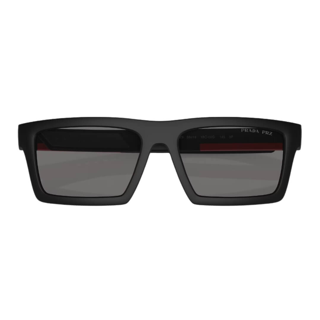 Close Up of Prada Linea Rossa PS 02ZSU 1BO02G 58 Sunglasses - Matte Black Frame Detail
