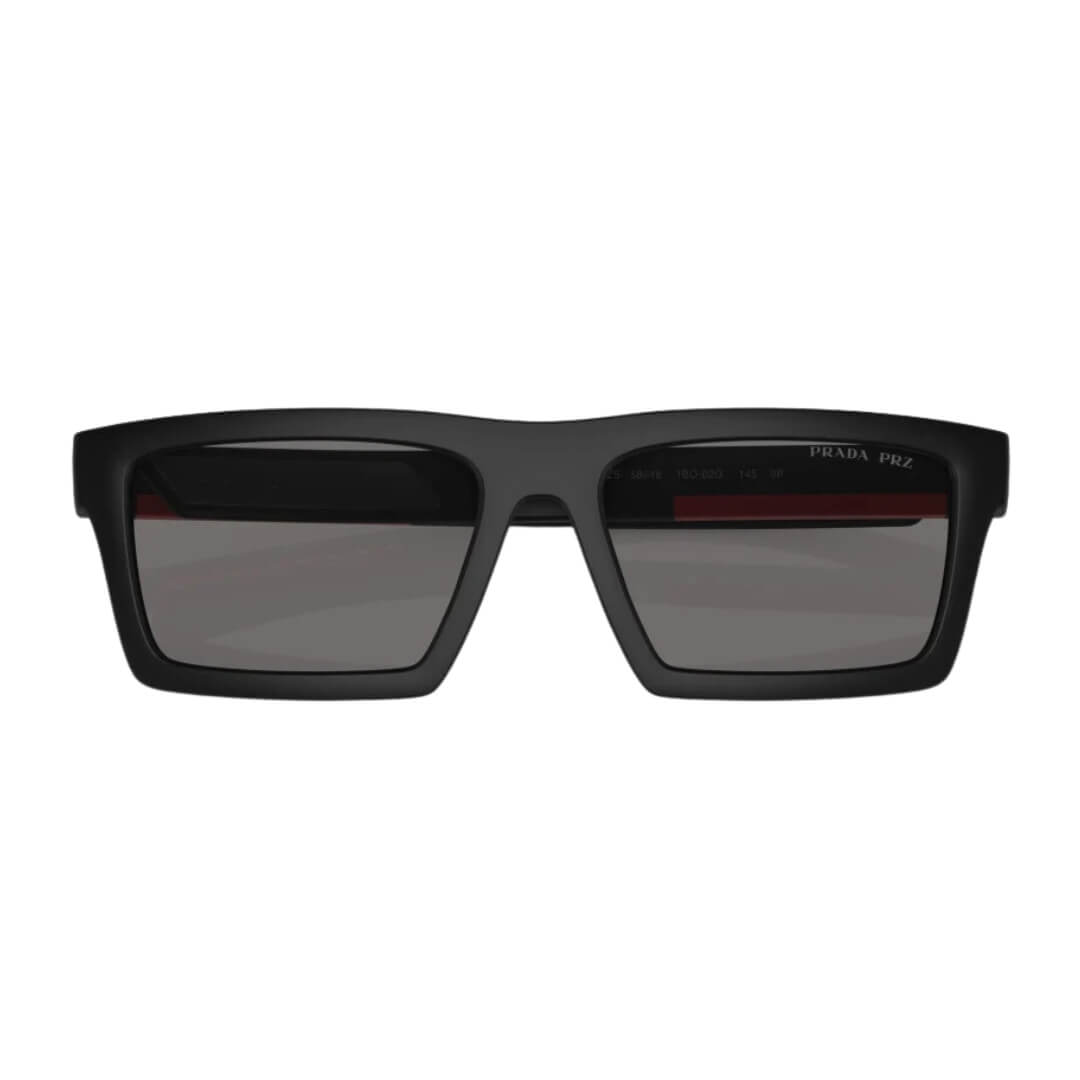 Close Up of Prada Linea Rossa PS 02ZSU 1BO02G Sunglasses - Matte Black Frame Detail
