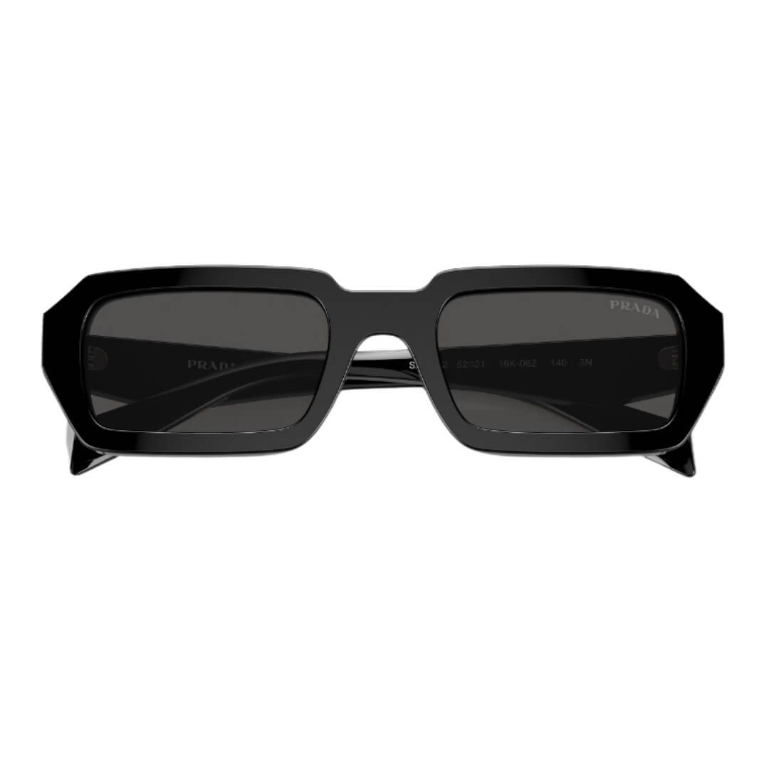 Close Up of Prada PR A12S 16K08Z Sunglasses - Black Frame Detail
