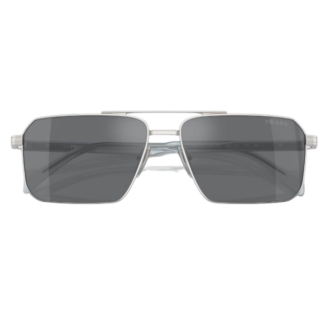 Close Up of Prada PR A57S 1BC175 Sunglasses - Silver Frame Detail
