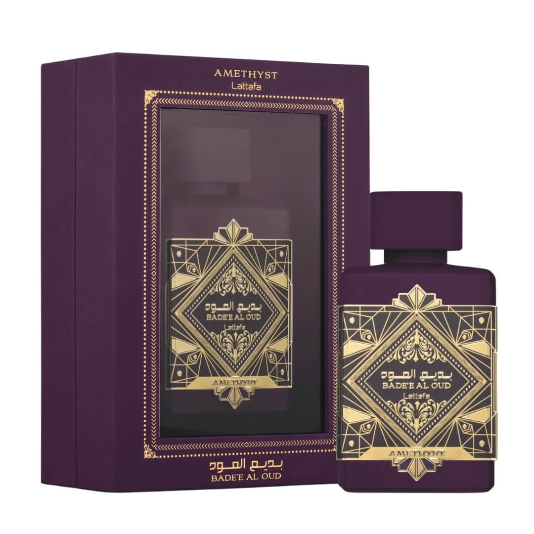 Lattafa Badee Al Oud Amethyst EDP 100ml – Unisex oriental-vanilla fragrance with pink pepper, Turkish rose, oud, and vanilla. Available at Gadgets Online NZ.