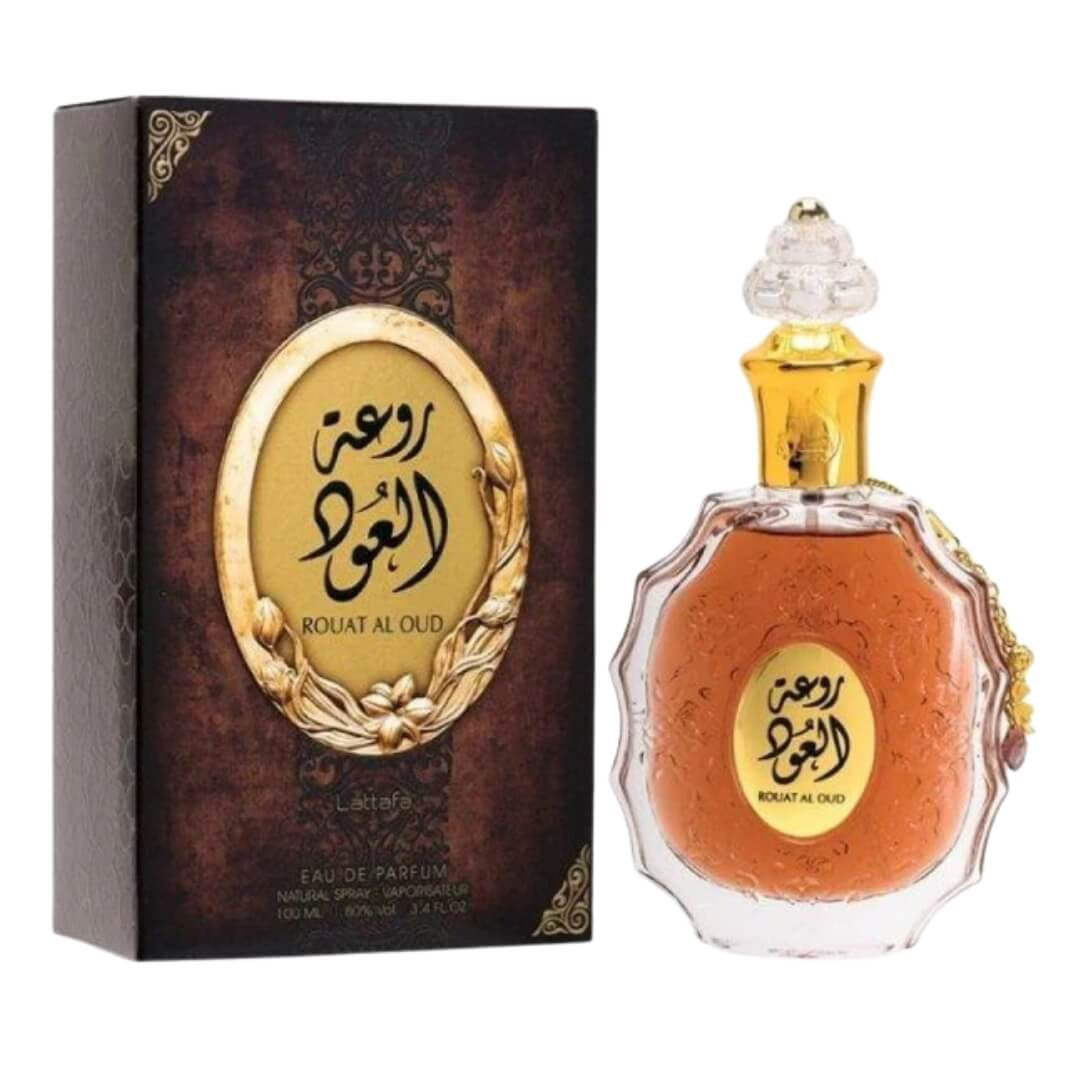 Lattafa Rouat Al Oud EDP 100ml – Unisex woody-spicy fragrance with saffron, raspberry, oud, leather, and amber. Available at Gadgets Online NZ.