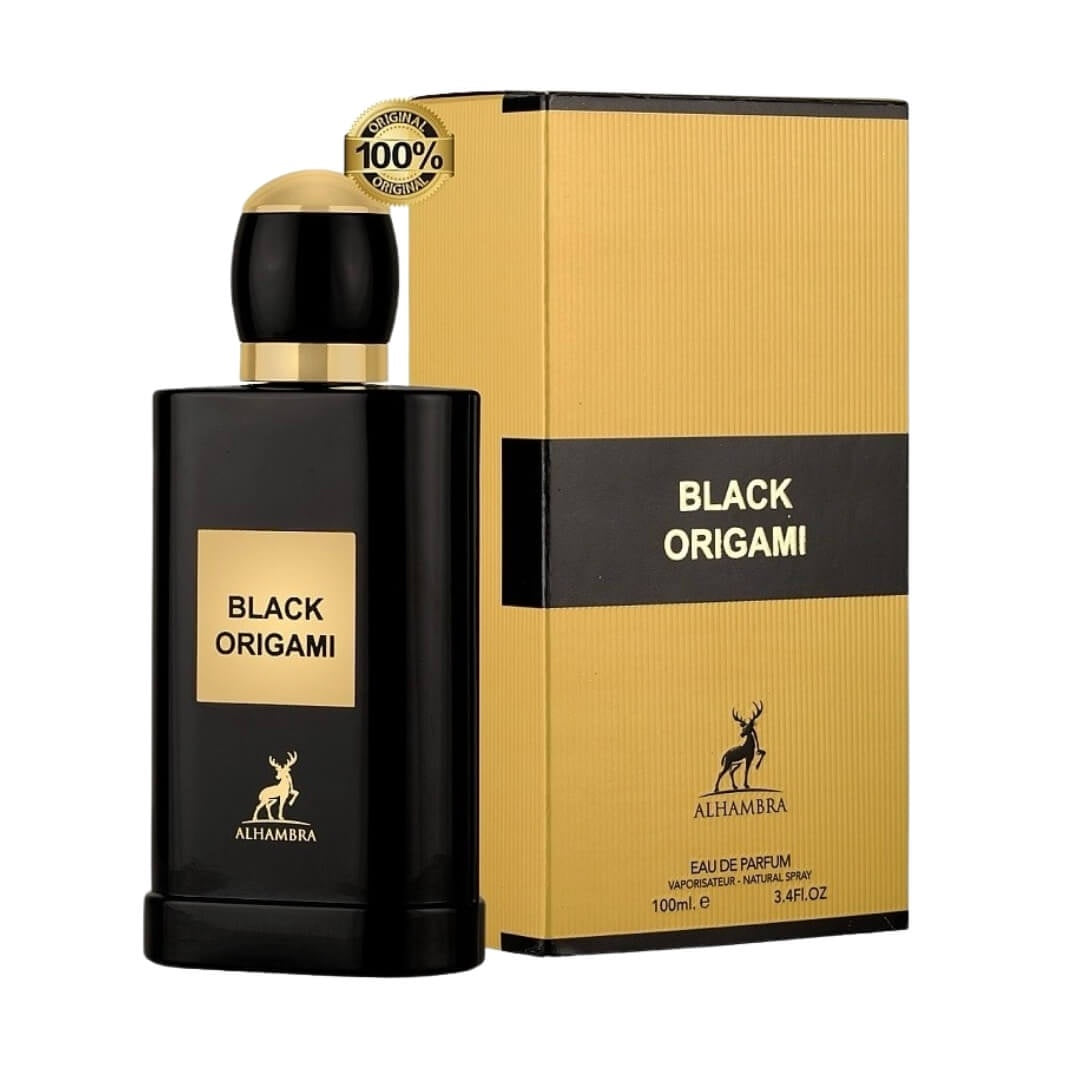 Maison Alhambra Black Origami EDP 100ml – Unisex oriental-floral fragrance with truffle, orchid, chocolate, and vanilla. Available at Gadgets Online NZ.