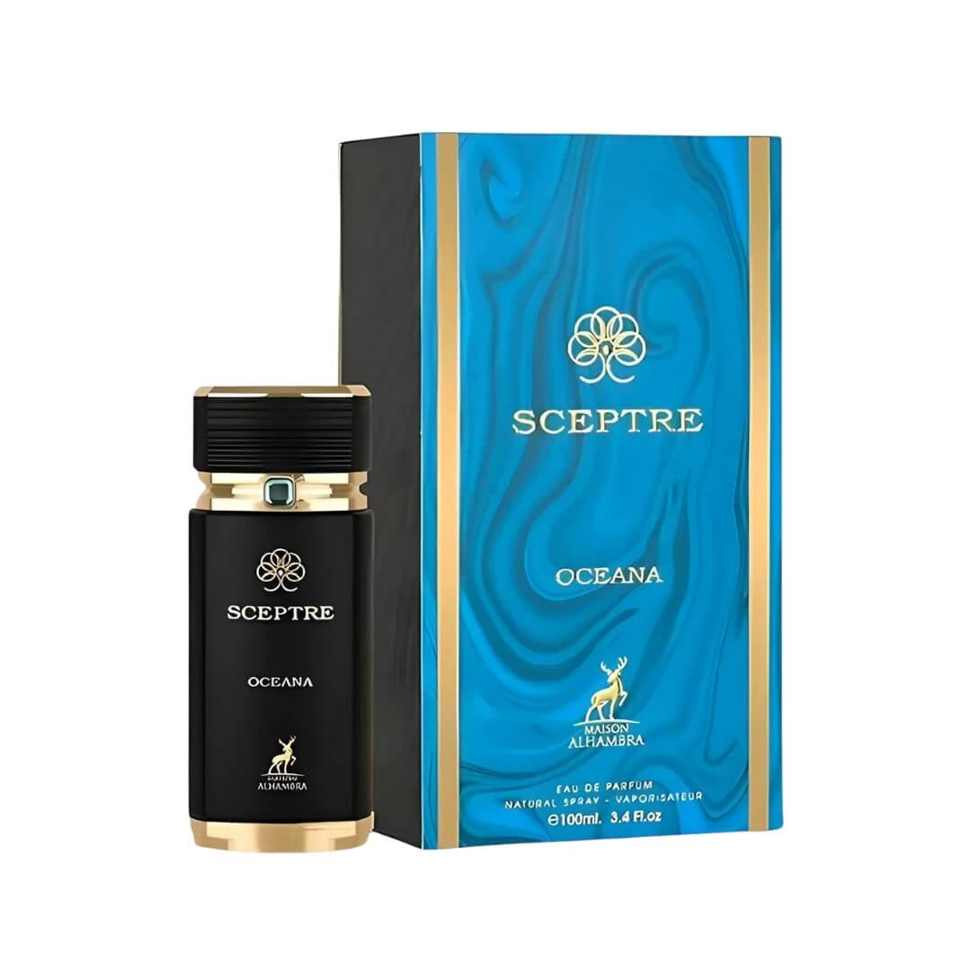 Maison Alhambra Sceptre Oceana EDP 100ml – Warm men’s fragrance with bourbon vanilla, Siam benzoin, and oud. Available at Gadgets Online NZ.