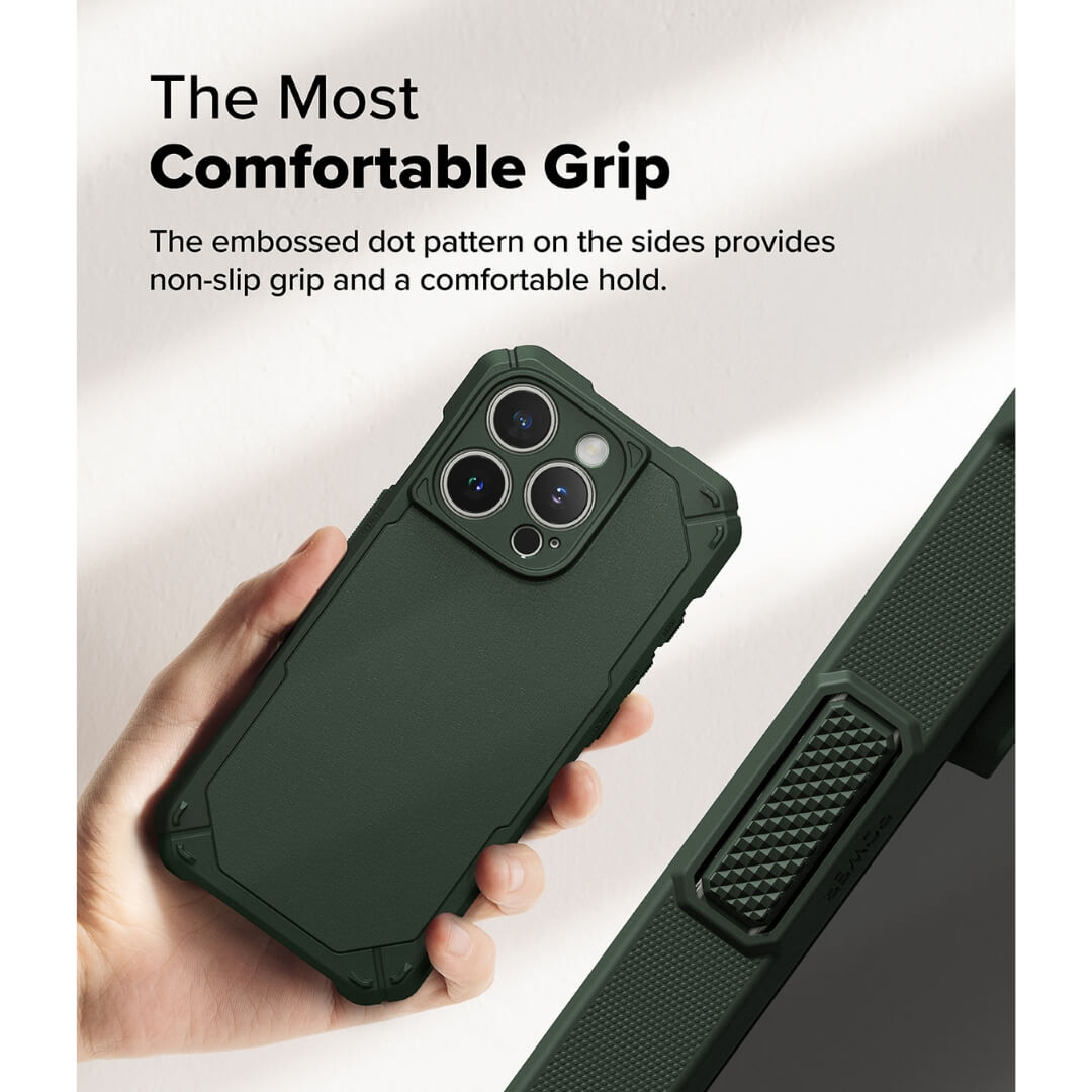 The dark green case features a non-slip grip and a comfortable hold, thanks to its embossed dot pattern.