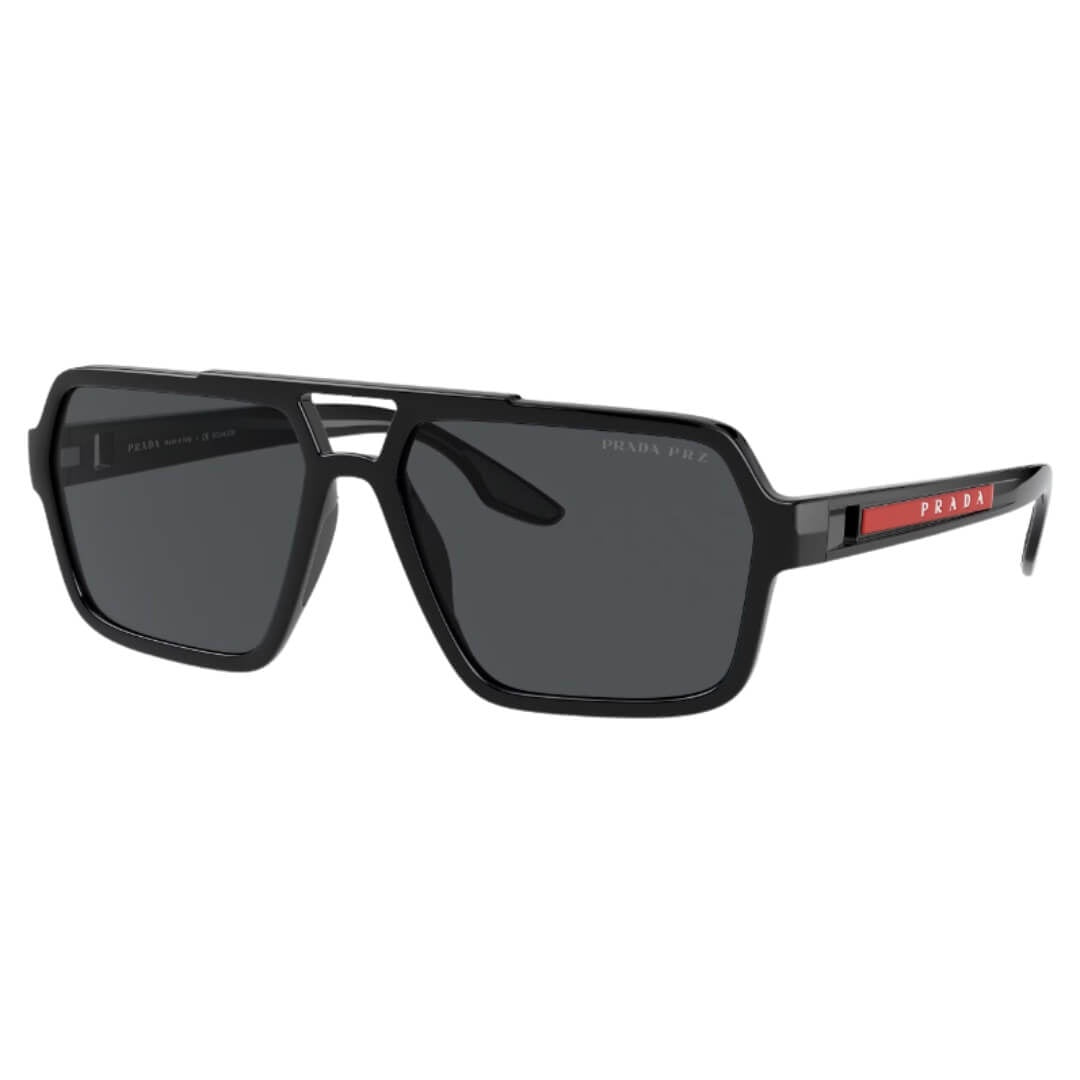 Prada Linea Rossa PS 01XS 1AB02G - Side Angle of Black Frame and Polarized Dark Grey Lenses
