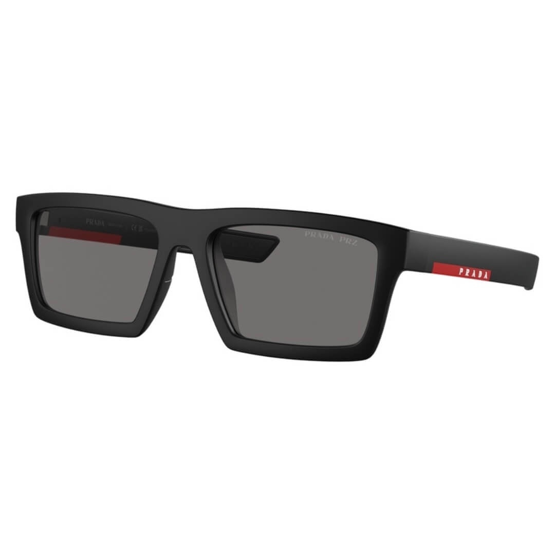 Prada Linea Rossa PS 02ZSU 1BO02G - Side Angle of Matte Black Frame and Dark Grey Polarized Lenses
