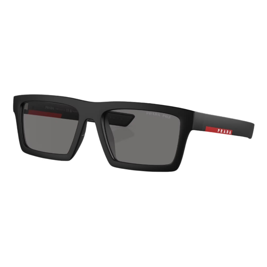 Prada Linea Rossa PS 02ZSU 1BO02G 58 - Side Angle of Matte Black Frame and Dark Grey Polarized Lenses
