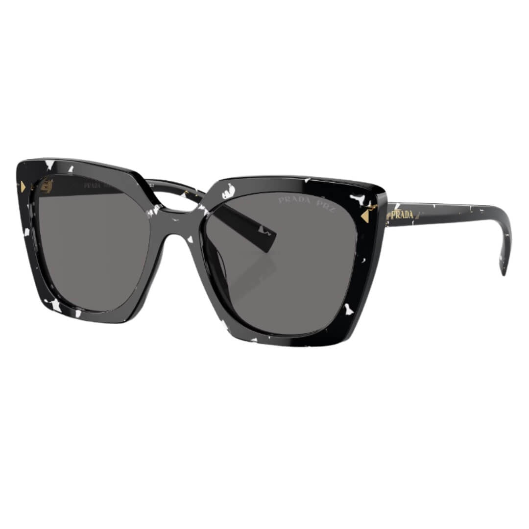 Prada PR 23ZS 15S5Z1 - Side Angle of Black Crystal Tortoise Frame and Dark Grey Lenses
