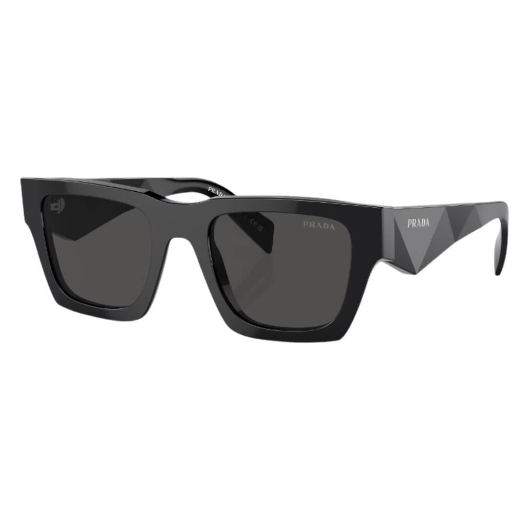 Prada PR A06S 16K08Z - Side Angle of Black Frame and Dark Grey Lenses
