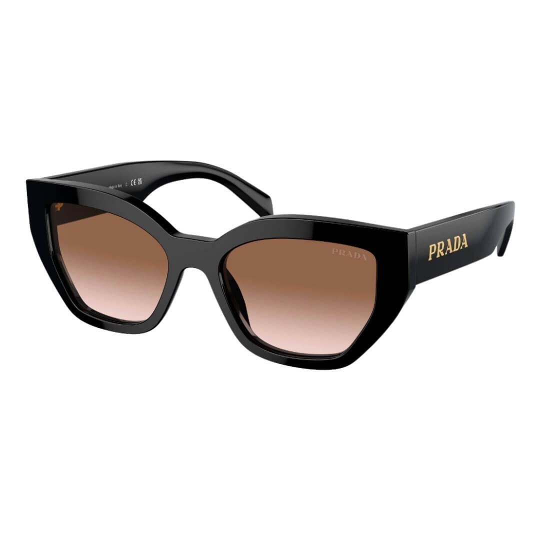 Prada PR A09S 1AB0A6 - Side Angle of Black Frame and Brown Gradient Lenses
