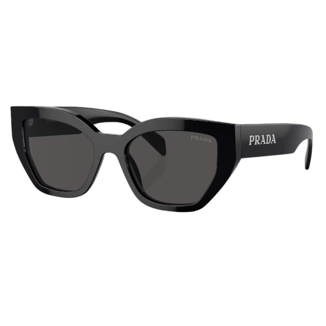 Prada PR A09S 1AB5S0 - Side Angle View of Black Frame and Dark Grey Lenses
