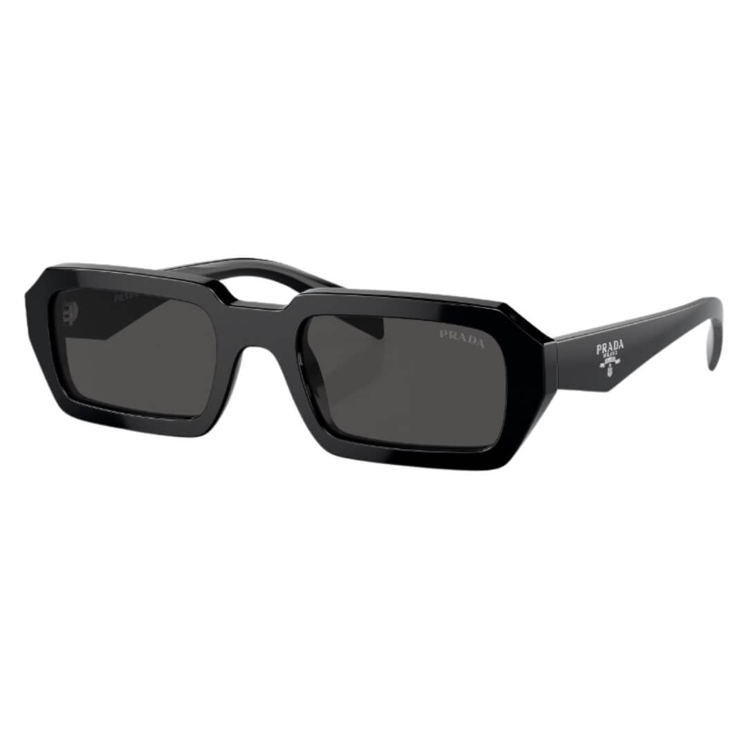 Prada PR A12S 16K08Z - Side Angle of Black Frame and Dark Grey Lenses
