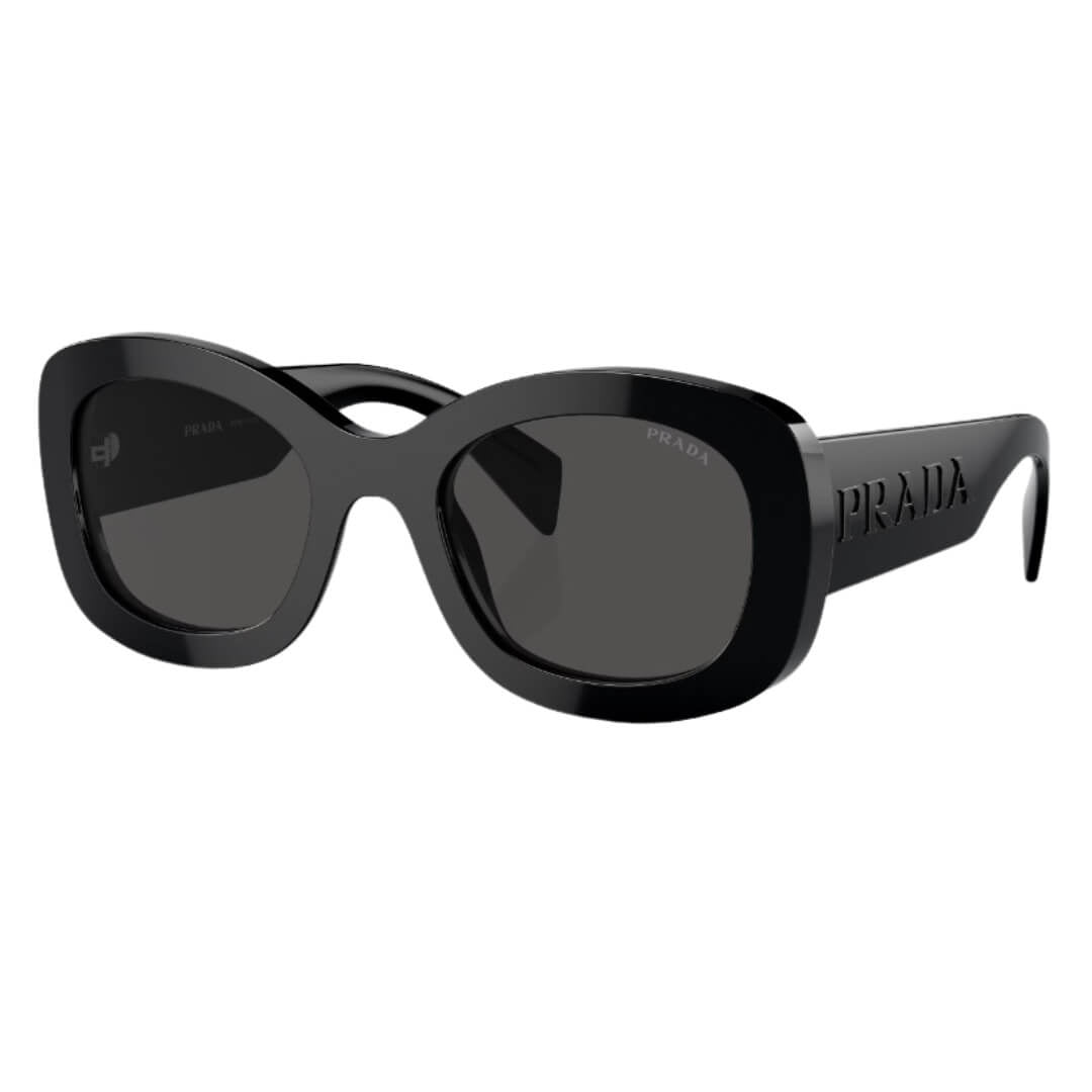 Prada PR A13S 1AB5S0 - Side Angle of Black Frame Dark and Grey Lenses
