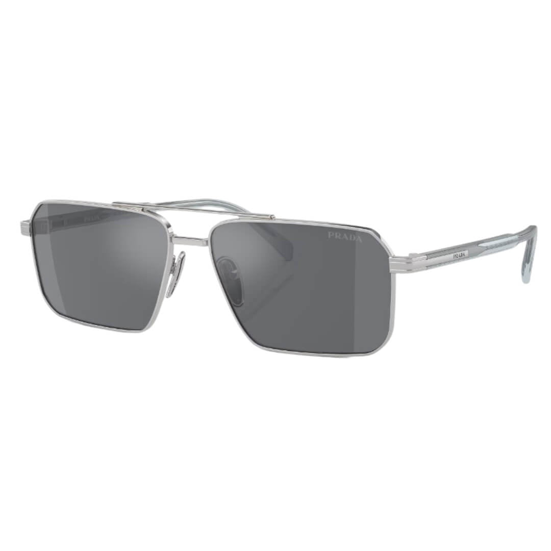 Prada PR A57S 1BC175 - Side Angle of Silver Frame and Dark Grey Lenses
