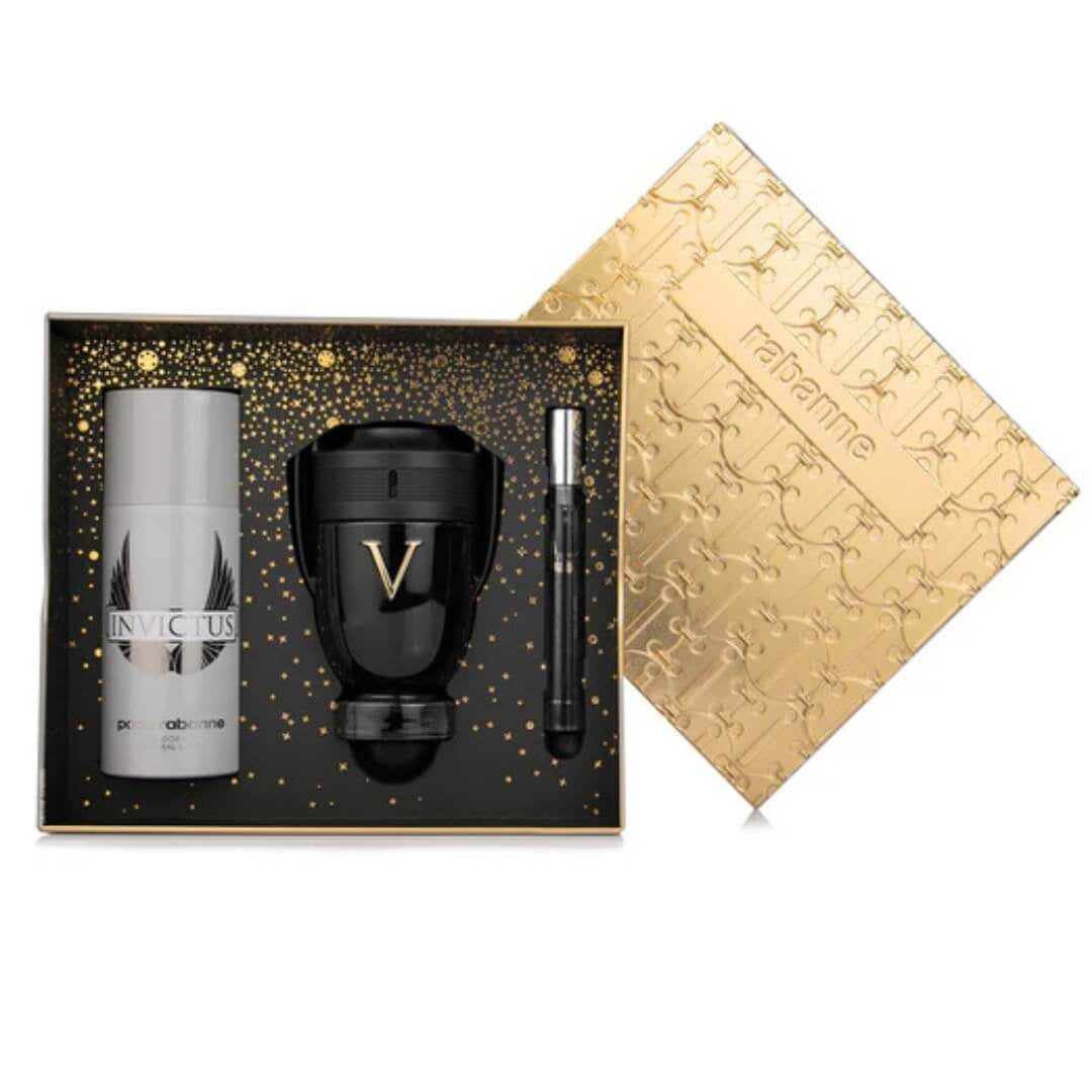 Rabanne Invictus Victory EDP Extreme 100ml 3-Piece Gift Set – men's fragrance with deodorant and travel spray.