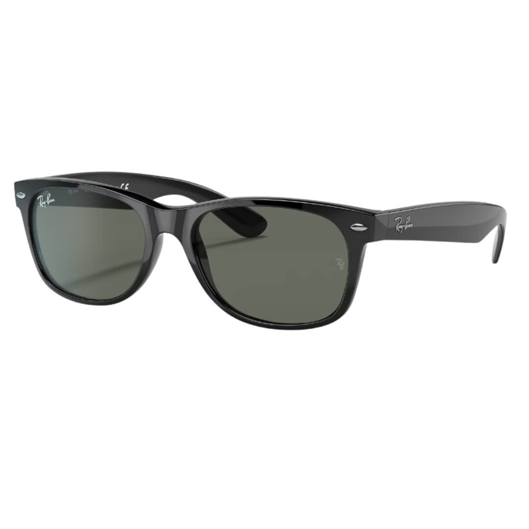 Ray-Ban New Wayfarer RB2132 901 - Black Frame with Green Lens Front Left View