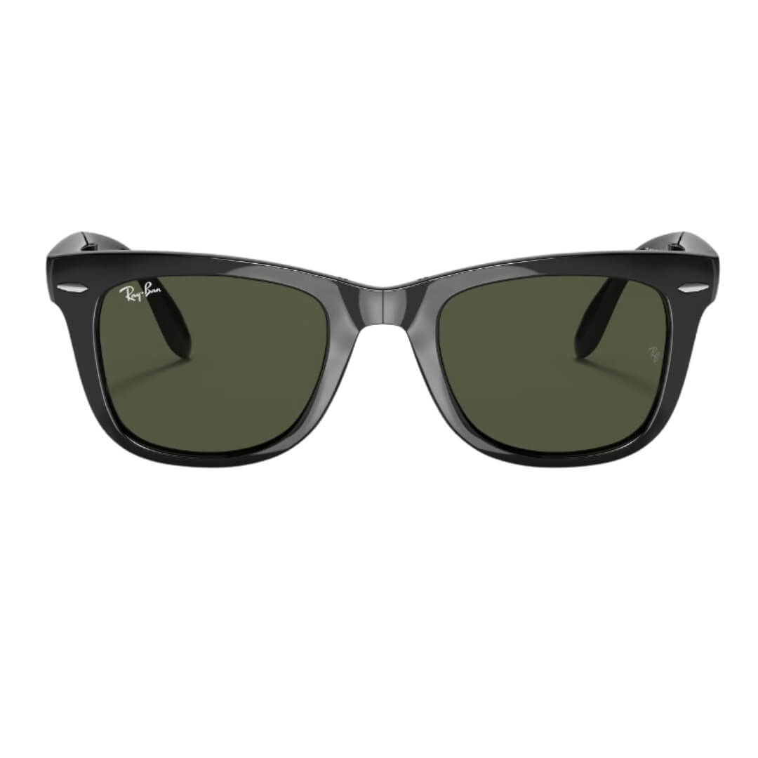 Ray-Ban Folding Wayfarer RB4105 601 - Black Frame with Green Lens Close Up Front View
