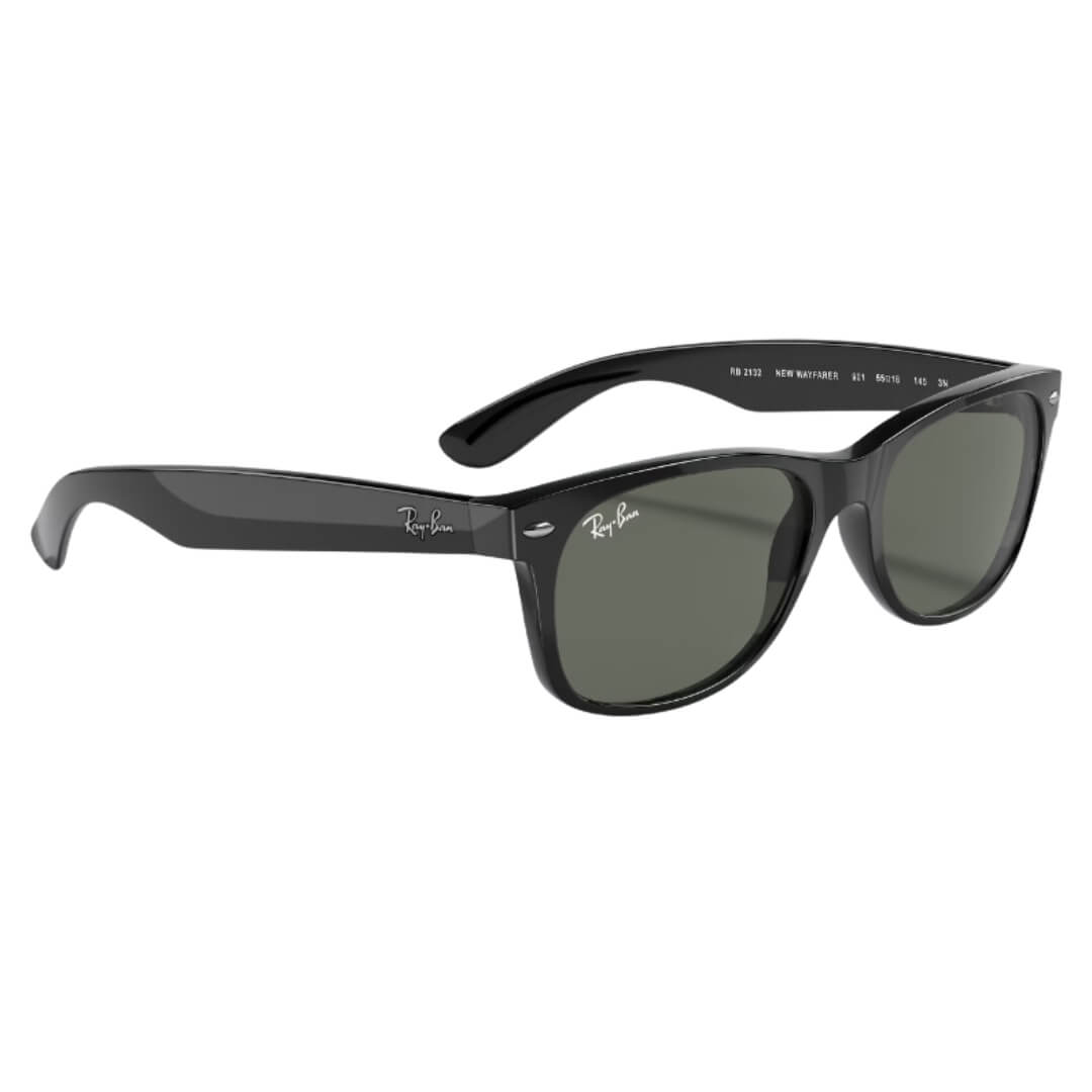 Ray-Ban New Wayfarer RB2132 901 - Black Frame with Green Lens Front Right View