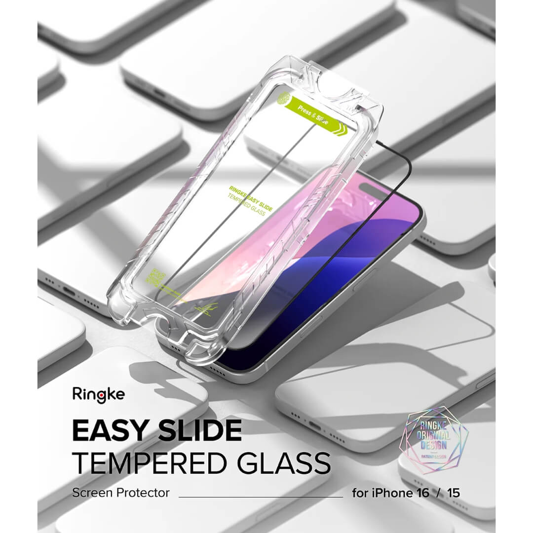 Ringke easy slide tempered glass screen protector for iPhone 16 and iPhone 15