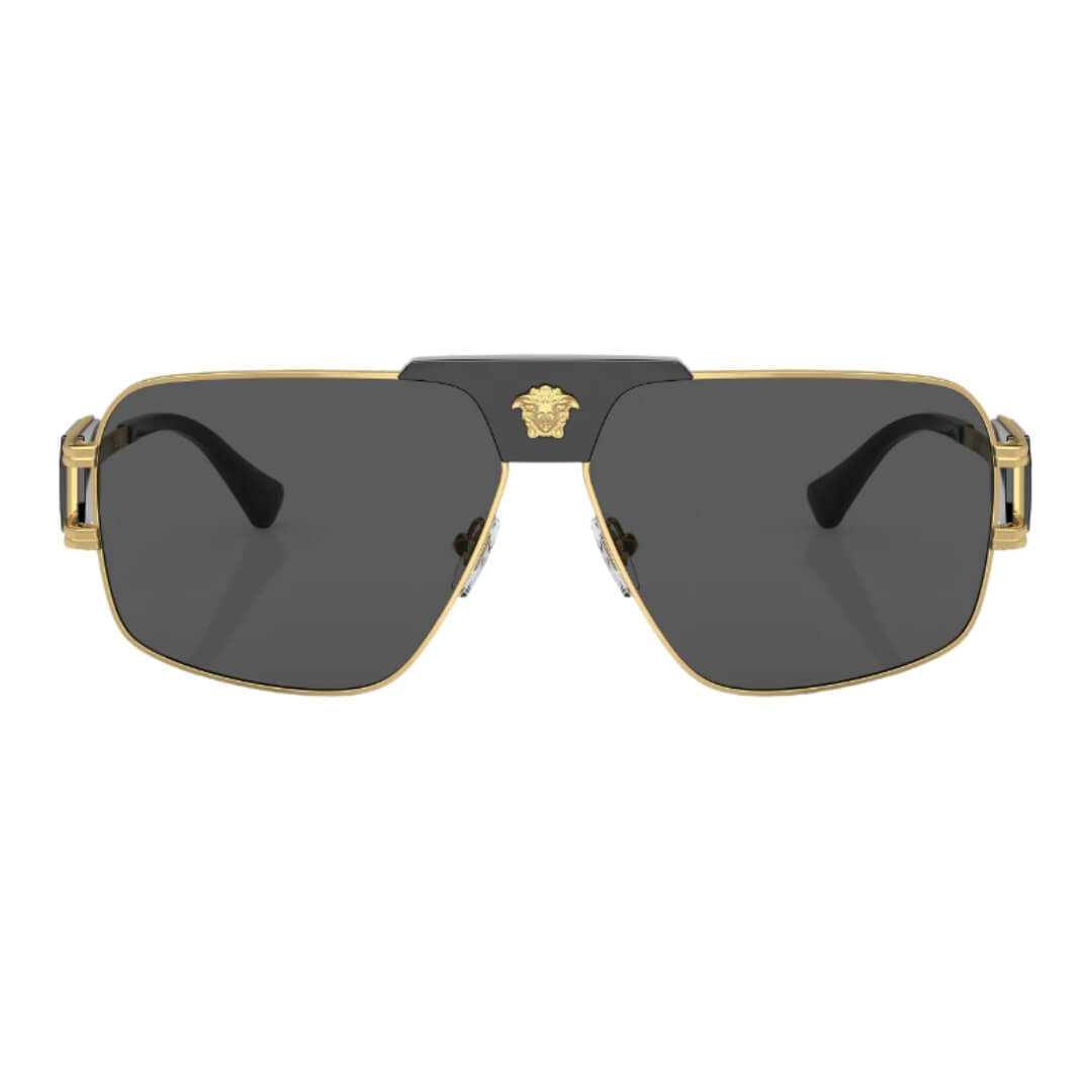 Versace VE2251 100287 Sunglasses Gold Frame with Dark Grey Lens Close Up Front View