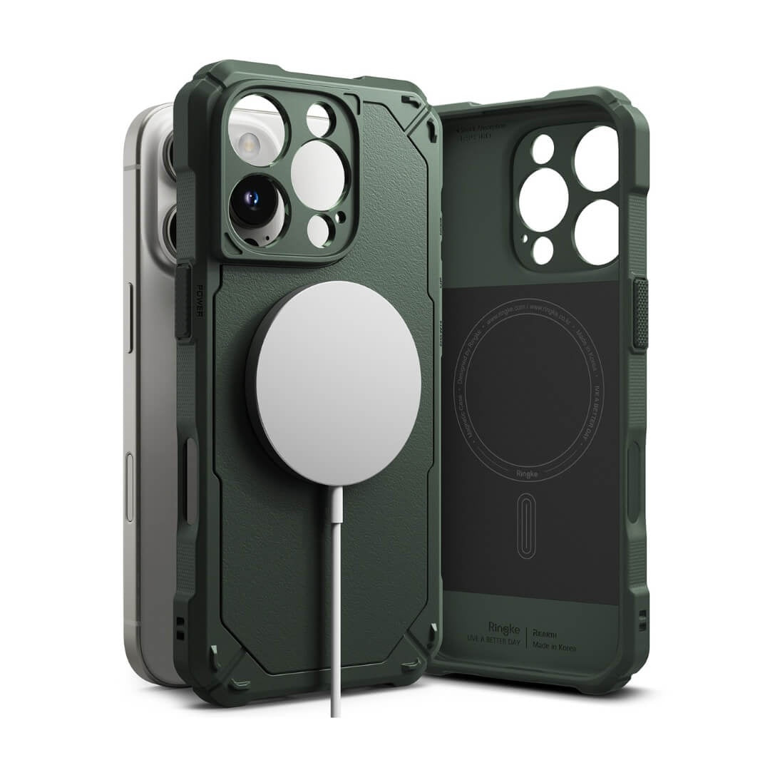 Protect your iPhone 16 Pro Max with the Rugged Gear Magnetic Case by Ringke. Featuring a stylish dark green design